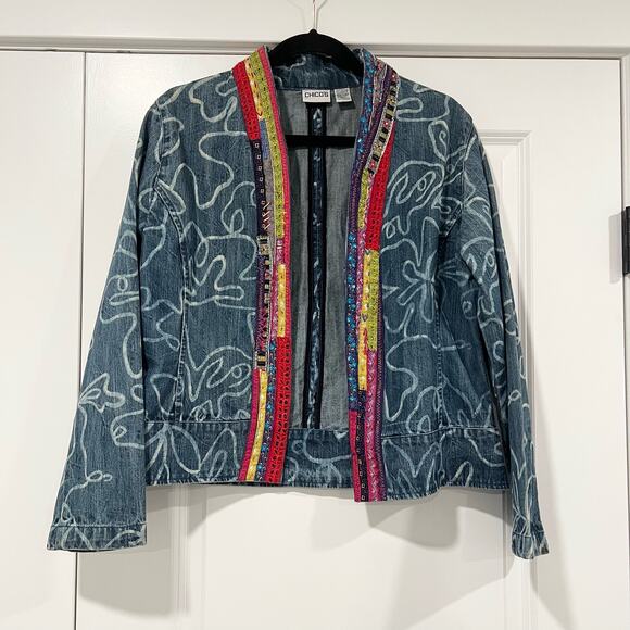 Chicos Vintage Women's Denim Jacket‎ Unique Detailing Size Large - Picture 1 of 10